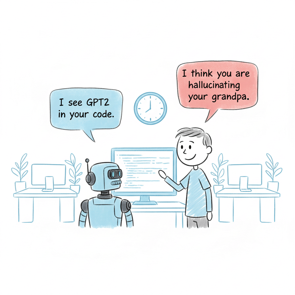 ai please generate an image with the following scenario: There is a one developer and one robot in front of a computer, robot is doing a code reviews. In the office there is a clock on the wall, other empty desks in the behind and some plants. The robots says anxiously, "I see GPT2 in your code." n a talking bubble. The developer smiling and says "I think you are hallucinating your grandpa" in a talking bubble. Use stick figures style, use only light tones of blue, red and black. It should be sketching style, not too detailed. Don't use tags like "DEVELOPER" or "ROBOT" or any labels, there should be text only inside the talking bubbles, any text outside of the talking bubbles are not allowed. Make the background white and edges should be empty.